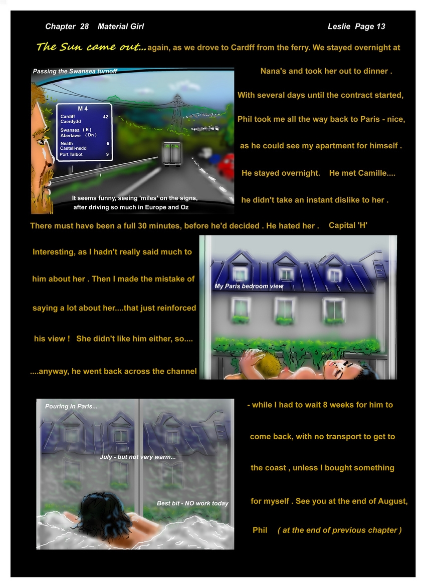 Ch. 28  Material Girl    Page 13 with Leslie  Paris :rain on the window  & other wetness