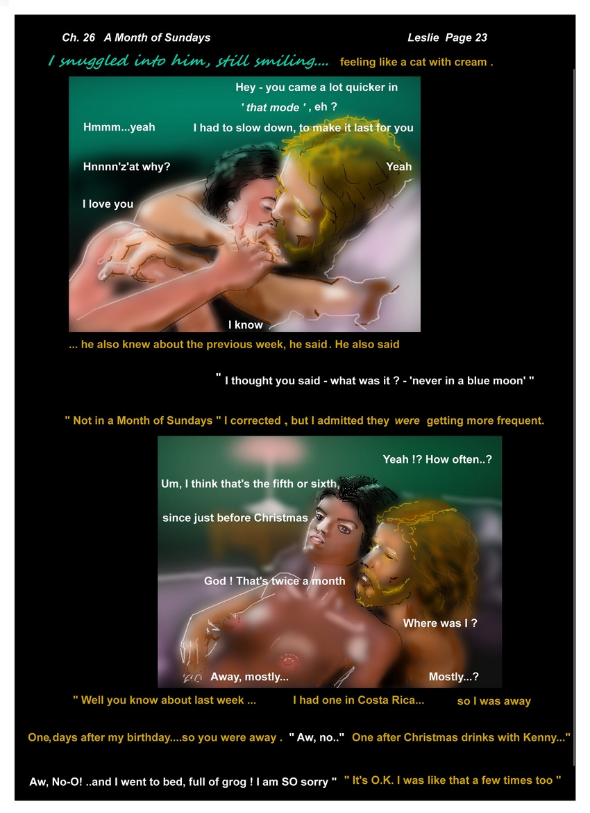 Ch. 26 A Month of Sundays    Leslie  Page 23  "..like a cat with cream"