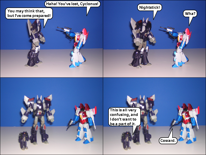 Starscream Defies Simple Logic Whilst Cyclonus' Chest Voices Unfitting Double Entendres