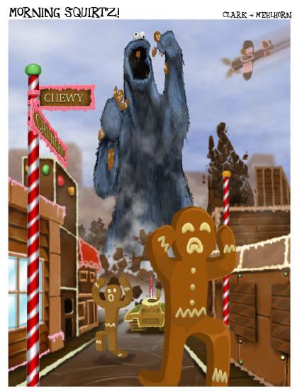 Cookiezilla causes panic in gingerbread town.