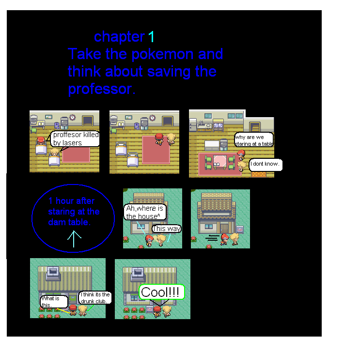 Chapter1 take the pokemon and think about saving the proffesor.