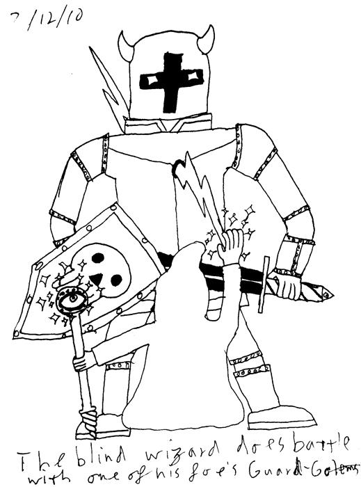 The Sightless Wizard does battle with one of his foe's guard golems.