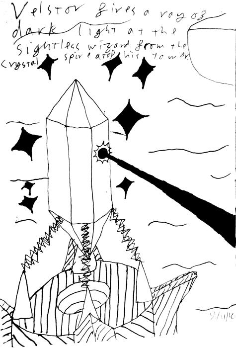 Velstor fires a ray of dark light at the Sightless Wizard from the crystal spire atop his tower.
