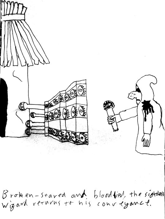 Broken-staved and bloodied, the Sightless Wizard returns to his conveyance.