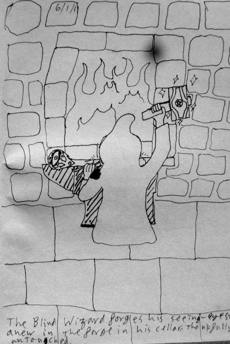 The Sightless Wizard forges his Seeing-Eye Staff anew in the forge in his cellar, thankfully untouched.