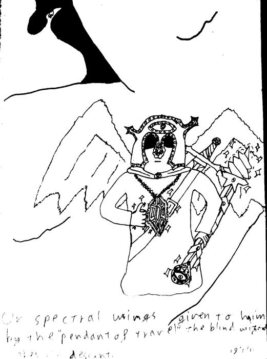 On spectral wings given to him by the "Pendant of Travel", the Sightless Wizard makes his descent.