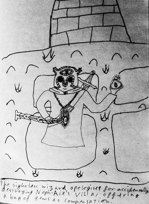 The sightless Wizard apologises for accidentally destroying Neph-Aie's tower, offering a bag of gems as compensation.