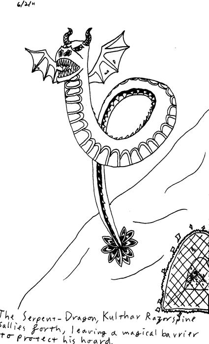 The serpent-dragon, Kulthar Razorspine, sallies forth, leaving a magical barrier to protect his hoard.