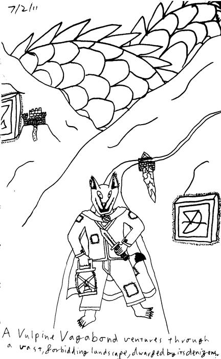 A Vulpine Vagabond Ventures through a vast, forbidding landscape, dwarfed by its denizens.