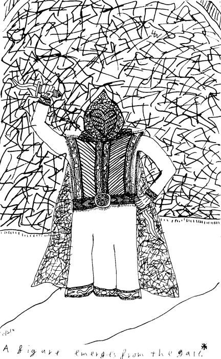 A figure emerges from the gate.