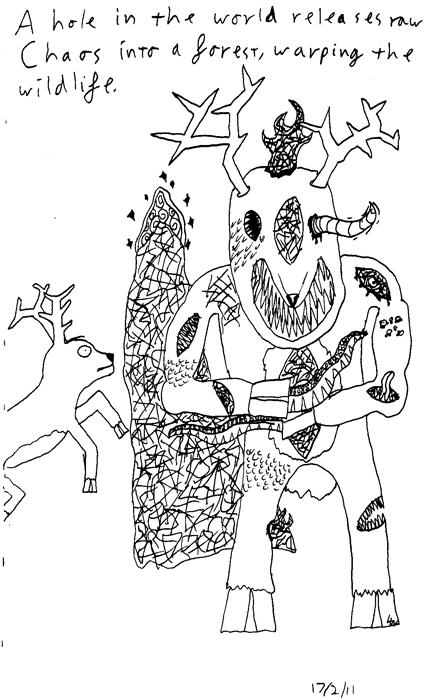 A hole in the world unleashes raw Chaos into a forest, warping the wildlife.