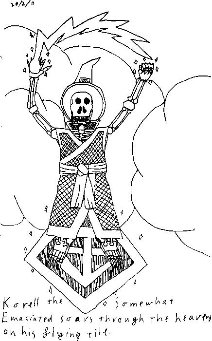 Korell the somewhat emaciated soars through the heavens on his flying tile.