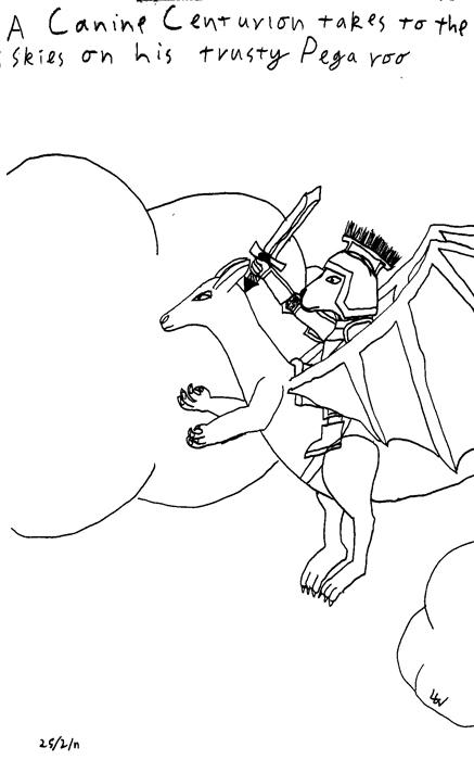 A Canine Centurion takes to the skies on his trusty Pegaroo.