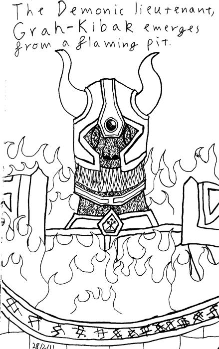 The demonic Lietenatnt Grah-Kibak emerges from a flaming pit.