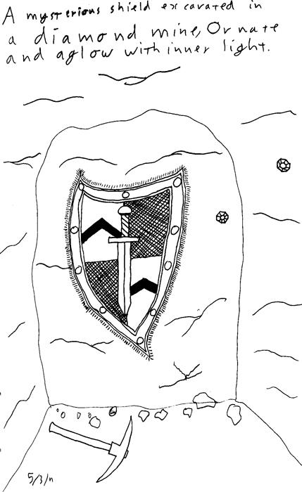A mysterious shield excavated in a diamond mine, ornate and aglow with inner light.