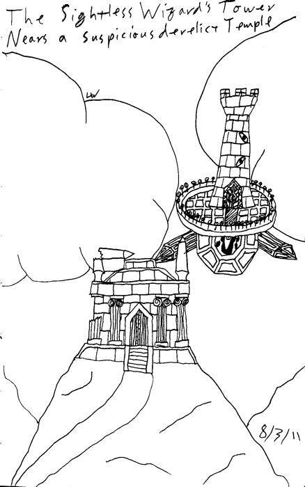 The Sightless Wizard's tower nears a suspicious derelict temple.