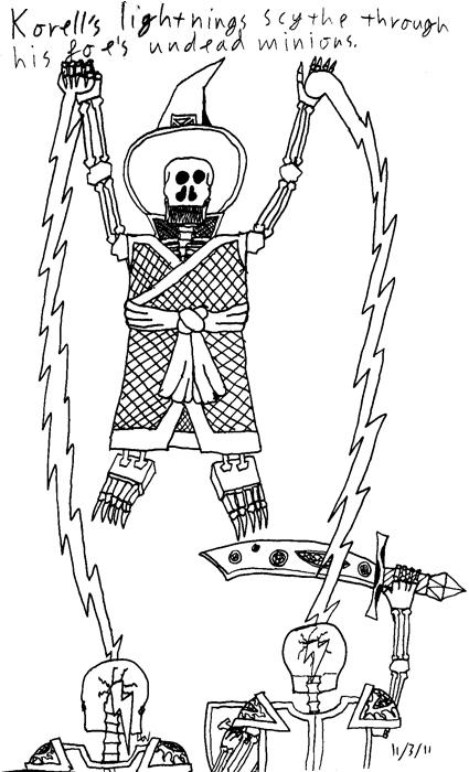 Korell's lightnings scythe through his foe's undead minions.