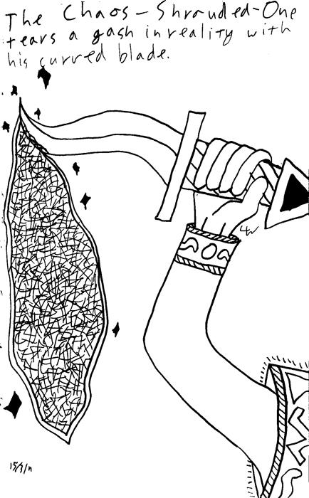 The Chaos-Shrouded One tears a gash in reality with his curved blade.