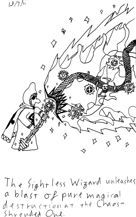 The Sightless Wizard unleashes a blast of pure magical destruction at the Chaos-Shrouded One.