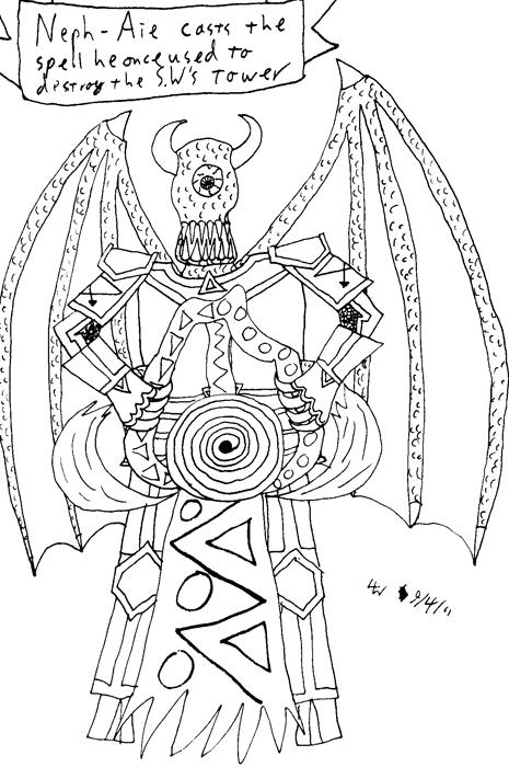 Neph-Aie casts the spell he once used to destroy the Sightless Wizard's tower.