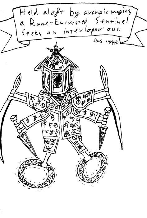 Held aloft by archaic magics, a Rune-Encrusted Sentinel seeks an intruder out.