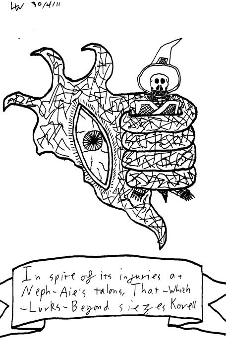 Despite its injuries at Neph-Aie's talons, That-Which-Lurks-Beyond seizes Korell.