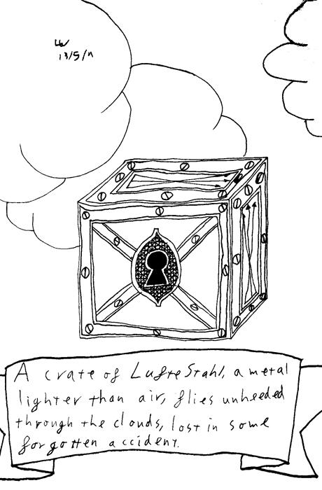 A crate of Luftestahl, a metal lighter than air, flies unheeded through the clouds, lost in some forgotten accident