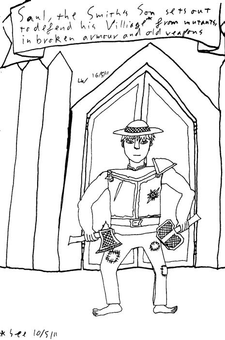 The smith's son, Saul, sets out to defend his village from mutants, in broken armour and with old weapons.