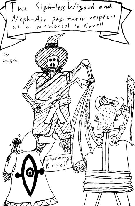The Sightless Wizard and Neph-Aie pay their respects at a memorial to Korell.