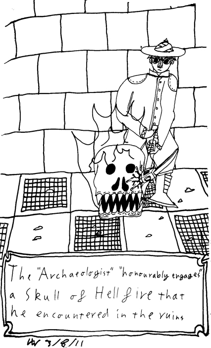 The "Archaeologist" "honourably engages" a Skull of Hellfire that he encountered in the ruins.