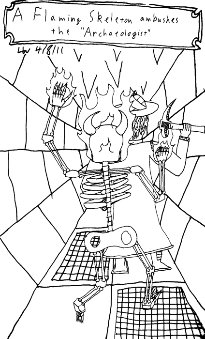 A Flaming Skeleton ambushes the "Archaeologist".