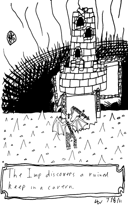 The Imp discovers a ruined keep in a cavern.