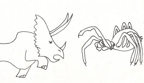 A triceratops wrestling a spider of equal size