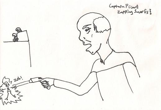 Picard shooting Smurfs with a Phaser 
