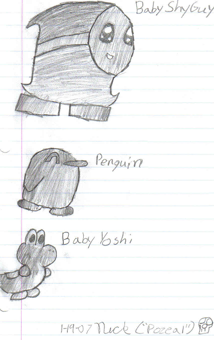 My drawn art 2 -Baby Yoshi, penguin and baby shyguy
