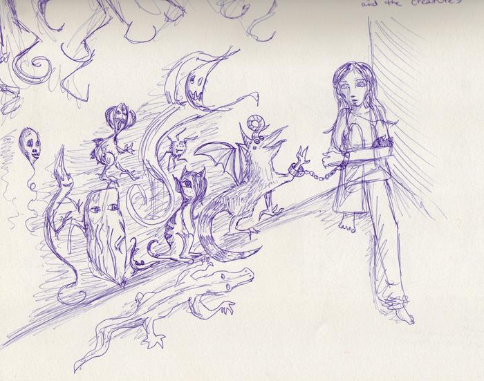 Sketch "The girl that lives in the corner and the shadow creatures"