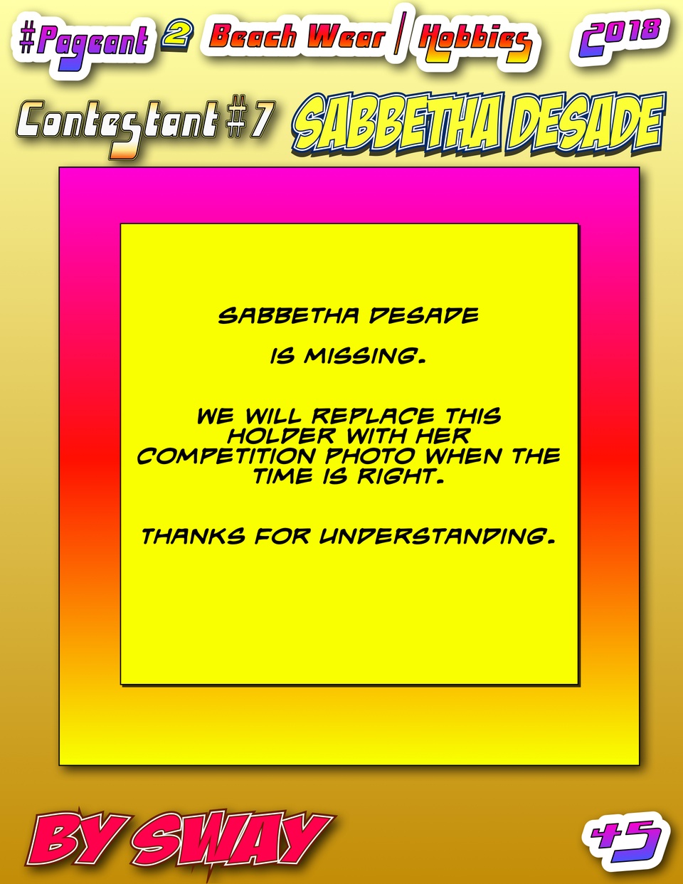 #Pageant #2 Pg. 45 : Beach Wear / Hobbies : Contestant #7 : Sabbetha Desade