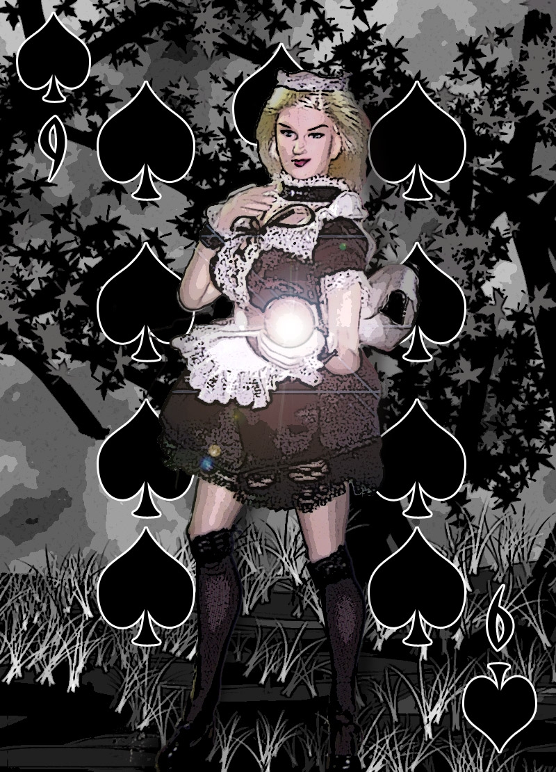 The card that did pass muster. Maid outfit in the scary woods. 