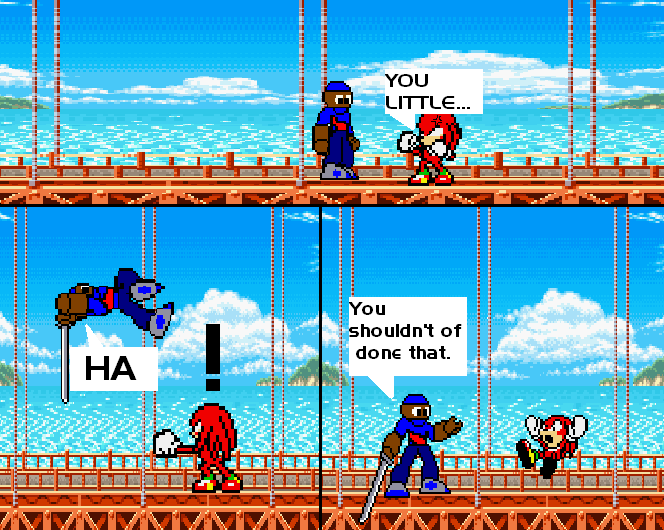 A fight begins (Blue Worrior .vs. Knuckles)