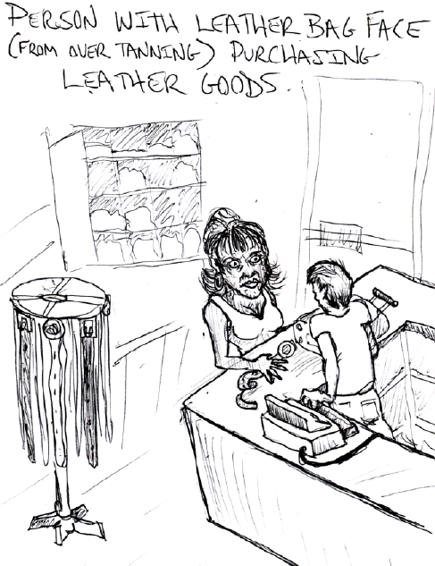 person with leather bag face (from over tanning) purchasing leather goods