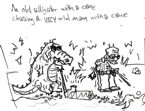 an old alligator with a cane chasing a VERY old man with a cane