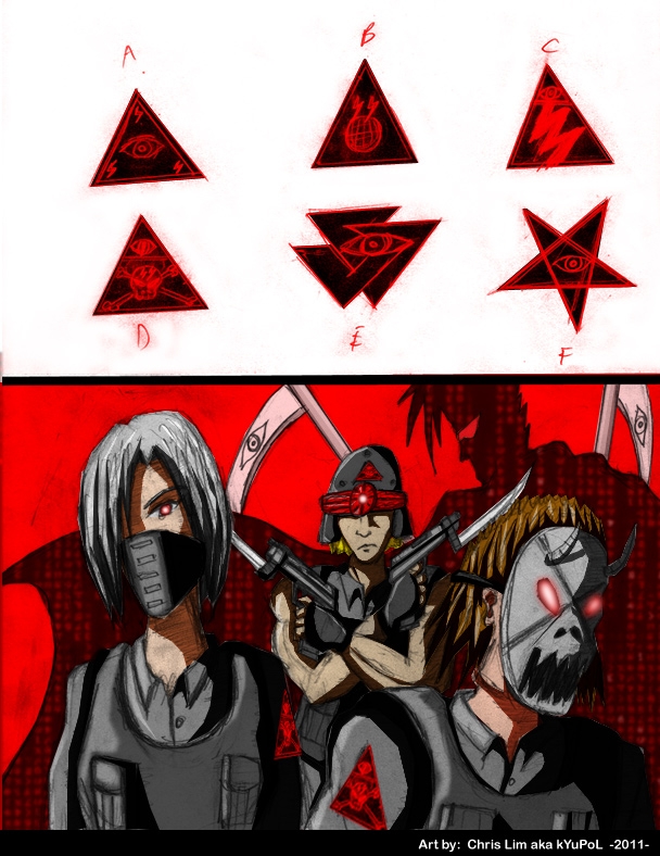 FILLER ART:  SATANIC SUPER SOLDIERS AND LOGOS