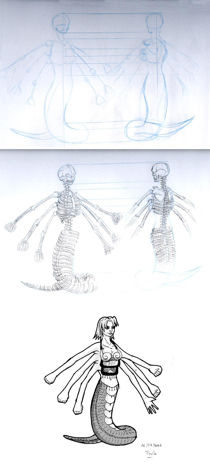 Karen the Marilith Sketch + Skeletton + Pattern
