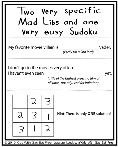 Kids With Gas Eat Free #59- Activity Book Part 5: Two Mad Libs and a Sudoku.