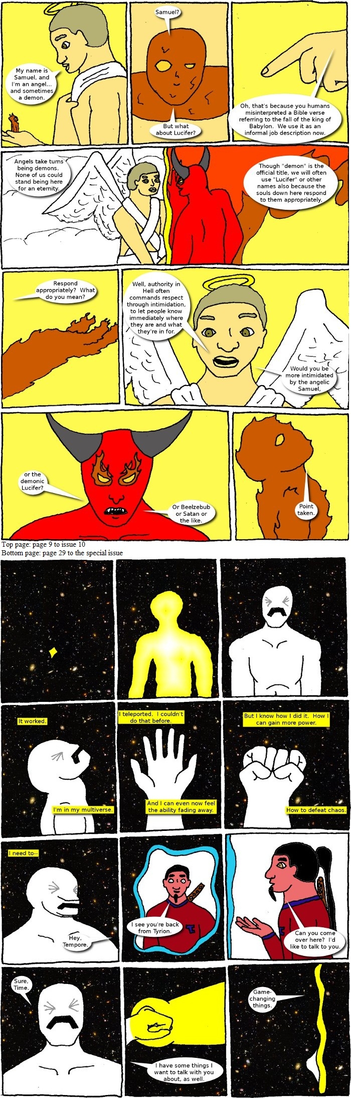 Page 9 (issue 10 - Lucifer Sam) and page 29 (Halloween Special - Cluster One)